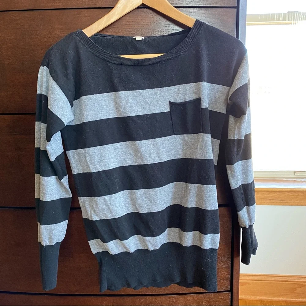 J.Crew Striped Sweater Black Gray with Front Pocket XS